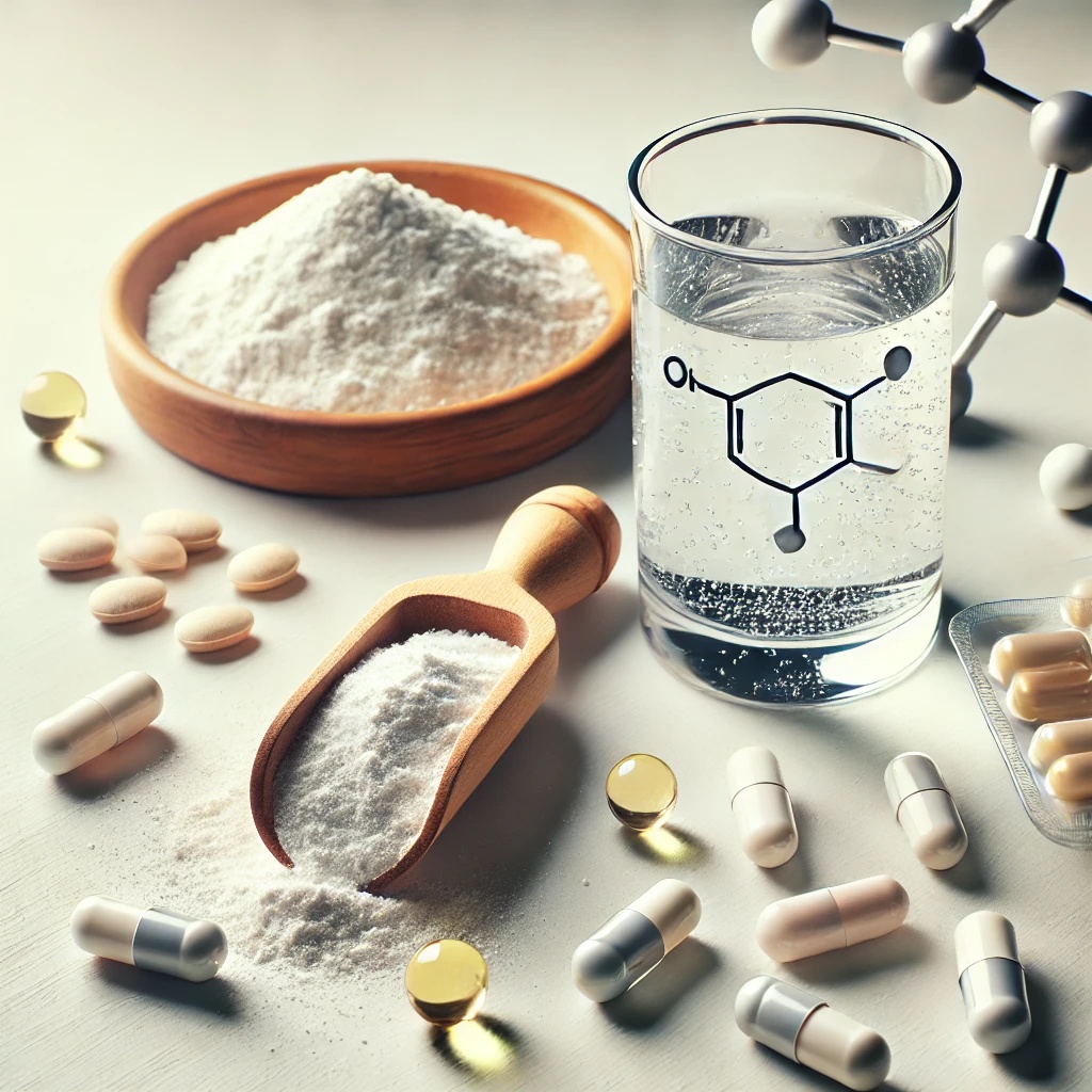 Différentes formes de créatine : poudre, gélules, boisson et modèle moléculaire, présentées sur une surface claire, pour illustrer ses usages et bienfaits