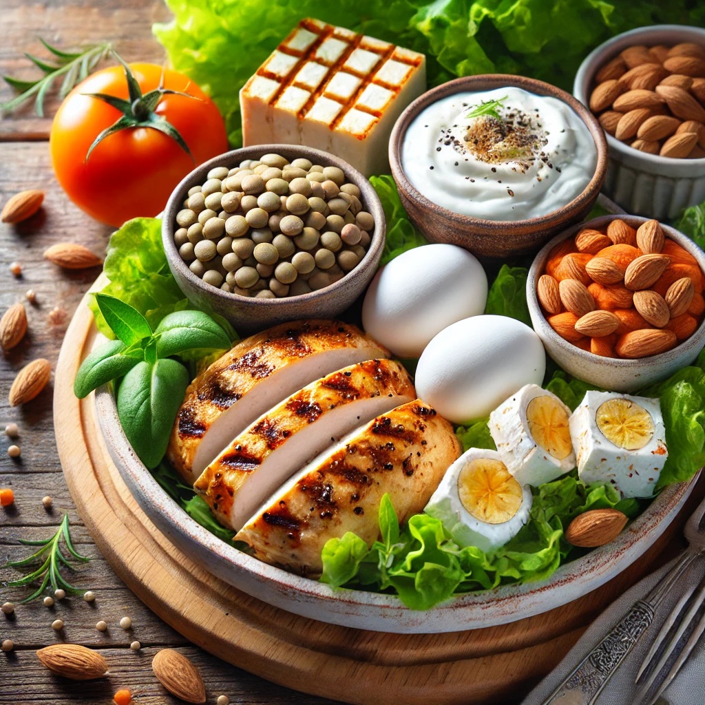 Assiette équilibrée riche en protéines : œufs, poulet, tofu, légumineuses, yaourt
