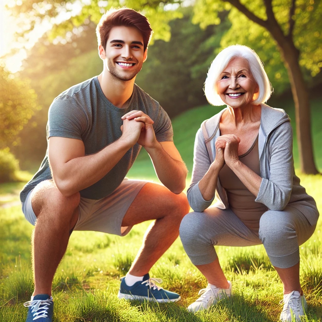 Jeune homme et femme senior faisant des squats ensemble dans un parc, illustrant les bienfaits intergénérationnels de l'exercice physique sur la longévité et la masse musculaire